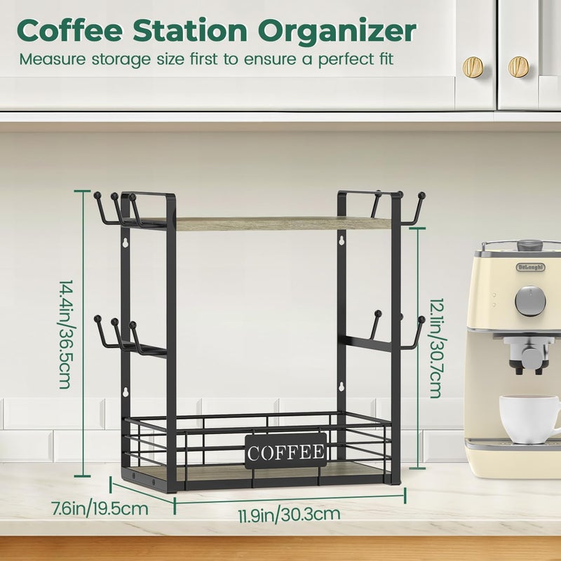 EsLuker.ly Coffee Mug Cup Holder Stand Bar Station Organizer for Countertop, Multi-Functional 2 Tier Mug Tree Rack for Kitchen, Storage Shelf with 12 Hooks, Grey Oak-Black(Patented Design) - Image 2